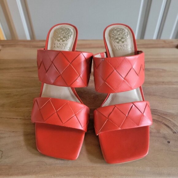Vince Camuto Candialia Tangerine Tango Nappa Leather Woven Heeled Sandals 7M - Picture 2 of 7